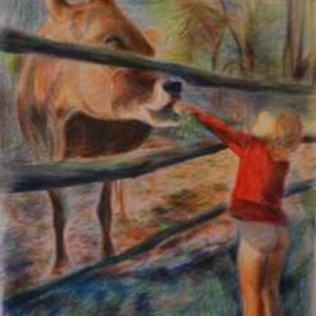 Painting titled "L ENFANT ET LA VACHE" by Patrick Maillocheau, Original Artwork, Oil