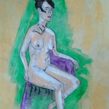 Malerei mit dem Titel "Nude seated" von Paul Antwis, Original-Kunstwerk, Aquarell
