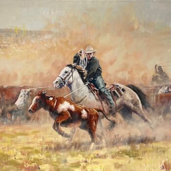 Painting titled "On the Chase" by Paul Cheng, Original Artwork, Oil Mounted on Wood Stretcher frame
