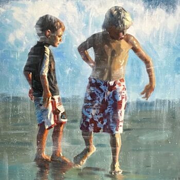 Painting titled "Sunset Beach Boys N…" by Paul Cheng, Original Artwork, Oil Mounted on Wood Stretcher frame