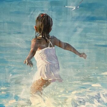 Painting titled "Happy Beach Girl" by Paul Cheng, Original Artwork, Oil Mounted on Wood Stretcher frame
