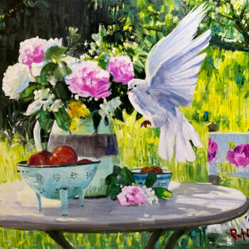 Painting titled "Pigeon and Rose" by Paul Cheng, Original Artwork, Oil Mounted on Wood Stretcher frame