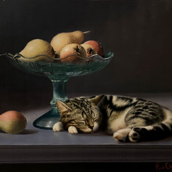 Painting titled "Sleeping Cat and Pe…" by Paul Cheng, Original Artwork, Oil Mounted on Wood Stretcher frame