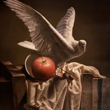 Pittura intitolato "Pigeon and Apple" da Paul Cheng, Opera d'arte originale, Olio Montato su Telaio per barella in legno