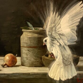 Painting titled "Pigeon and Still Li…" by Paul Cheng, Original Artwork, Oil Mounted on Wood Stretcher frame