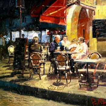 Painting titled "Saturday Night Chat" by Paul Cheng, Original Artwork, Oil Mounted on Wood Stretcher frame