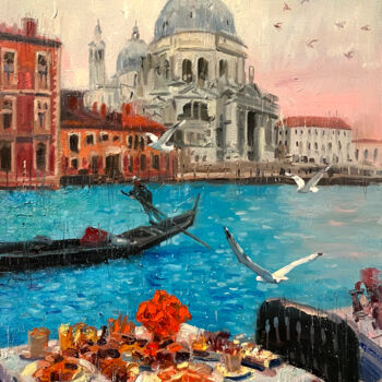 Malerei mit dem Titel "Venice Seagulls" von Paul Cheng, Original-Kunstwerk, Öl Auf Keilrahmen aus Holz montiert
