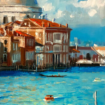 Painting titled "Venice Blue and Red" by Paul Cheng, Original Artwork, Oil Mounted on Wood Stretcher frame