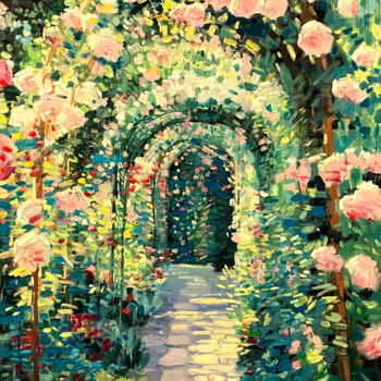 Ζωγραφική με τίτλο "Morning Rose Garden" από Paul Cheng, Αυθεντικά έργα τέχνης, Λάδι Τοποθετήθηκε στο Ξύλινο φορείο σκελετό