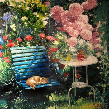Painting titled "Cat in the Garden" by Paul Cheng, Original Artwork, Oil