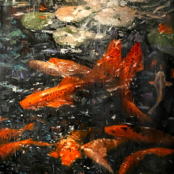 Painting titled "Golden Carps In The…" by Paul Cheng, Original Artwork, Oil