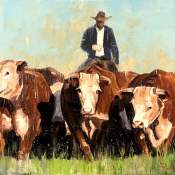 Painting titled "Cowboy Herding Catt…" by Paul Cheng, Original Artwork, Oil Mounted on Wood Stretcher frame