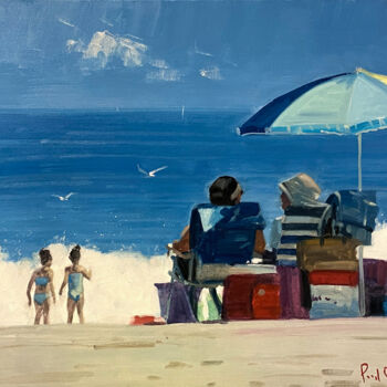Painting titled "Laguna Beach Noon N…" by Paul Cheng, Original Artwork, Oil Mounted on Wood Stretcher frame