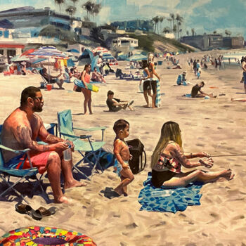 Painting titled "Beach Day" by Paul Cheng, Original Artwork, Oil Mounted on Wood Stretcher frame