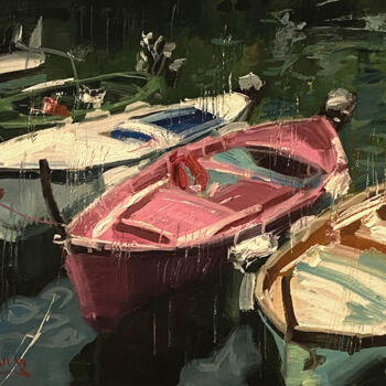 Painting titled "Small Boats in Cinq…" by Paul Cheng, Original Artwork, Oil Mounted on Cardboard