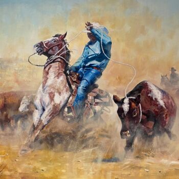 Картина под названием "Roping A Steer" - Paul Cheng, Подлинное произведение искусства, Масло Установлен на Деревянная рама д…
