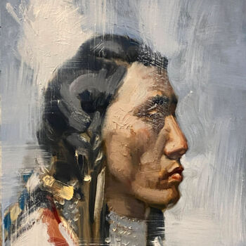 Painting titled "Native American Ind…" by Paul Cheng, Original Artwork, Oil Mounted on Cardboard