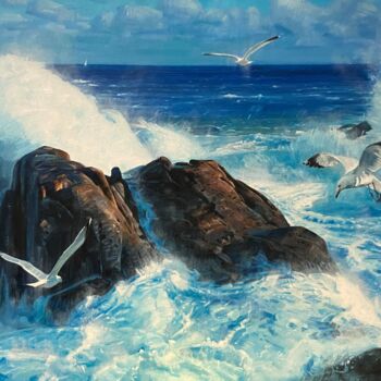 Peinture intitulée "Happy Seagulls" par Paul Cheng, Œuvre d'art originale, Huile Monté sur Châssis en bois