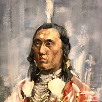Painting titled "Young Crow Chief" by Paul Cheng, Original Artwork, Oil Mounted on Wood Stretcher frame