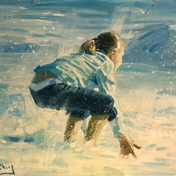 Painting titled "Hug the Ocean" by Paul Cheng, Original Artwork, Oil Mounted on Wood Stretcher frame