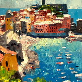 Painting titled "Vernazza Cinque Ter…" by Paul Cheng, Original Artwork, Oil Mounted on Cardboard