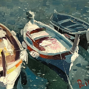 Malerei mit dem Titel "Small Boats in Cinq…" von Paul Cheng, Original-Kunstwerk, Öl Auf Karton montiert