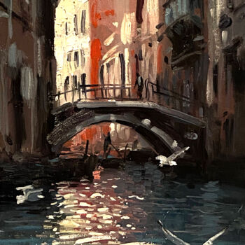Painting titled "SUNSET VENICE SEAGU…" by Paul Cheng, Original Artwork, Oil Mounted on Cardboard