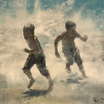 Schilderij getiteld "Beach Boys No. 20" door Paul Cheng, Origineel Kunstwerk, Olie Gemonteerd op Frame voor houten brancard