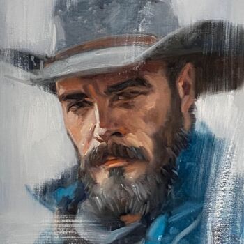 Painting titled "Cowboy No.54" by Paul Cheng, Original Artwork, Oil Mounted on Cardboard