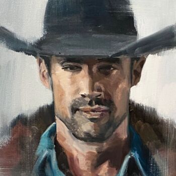 Painting titled "Cowboy No.55" by Paul Cheng, Original Artwork, Oil Mounted on Cardboard