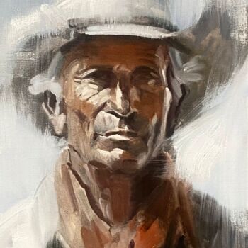 Painting titled "Cowboy No.56" by Paul Cheng, Original Artwork, Oil Mounted on Cardboard