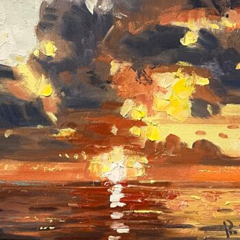 Schilderij getiteld "Laguna Beach Sunset…" door Paul Cheng, Origineel Kunstwerk, Olie Gemonteerd op Karton