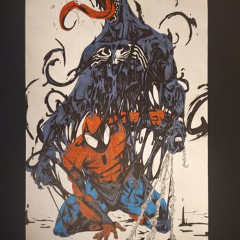Drawing titled "Venom vs Spider-Man" by Paul Clair, Original Artwork, Marker