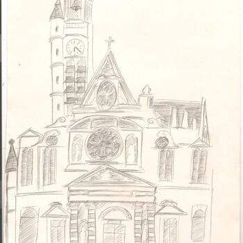 Drawing titled "Eglise Saint-Etienn…" by Paul-Éric Langevin, Original Artwork, Conté