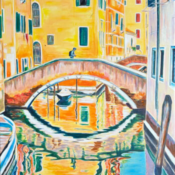 Schilderij getiteld "Ponts à Venise" door Paul-Louis Recco, Origineel Kunstwerk, Acryl Gemonteerd op Frame voor houten branc…