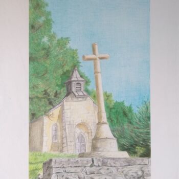 Drawing titled "Chapelle de Lompnes" by Paul Mallet, Original Artwork, Pencil Mounted on Glass