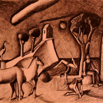 Zeichnungen mit dem Titel "Acrobates en Paysag…" von Paul Rossi, Original-Kunstwerk, Tinte