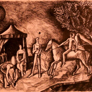 Drawing titled "Acrobates au paysag…" by Paul Rossi, Original Artwork, Ink