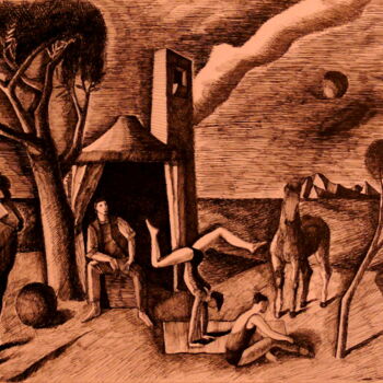 Dessin intitulée "Acrobates au paysag…" par Paul Rossi, Œuvre d'art originale, Encre