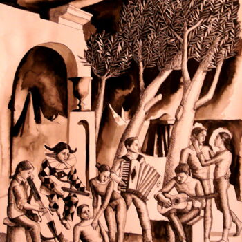 Drawing titled "Fete Gallante en pa…" by Paul Rossi, Original Artwork, Ink