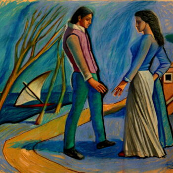 Peinture intitulée "Meeting In Blue" par Paul Rossi, Œuvre d'art originale, Pastel