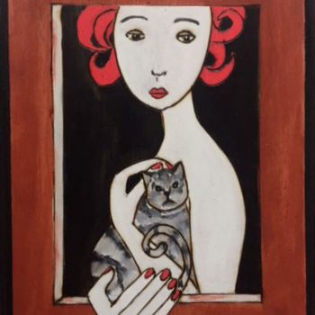 Painting titled "Girl with cat" by Paul Simon Hughes, Original Artwork, Acrylic