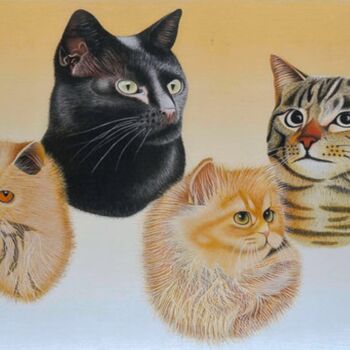 Malerei mit dem Titel "Four cats" von Paul Van Groningen, Original-Kunstwerk