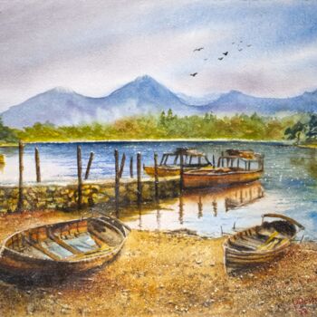 Peinture intitulée "Boat on Sandy Shore…" par Paula Bridges, Œuvre d'art originale, Aquarelle Monté sur Autre panneau rigide