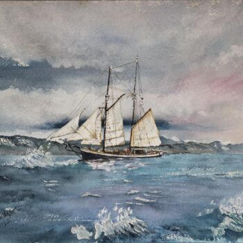 Schilderij getiteld "Ship in Stormy Seas…" door Paula Bridges, Origineel Kunstwerk, Aquarel Gemonteerd op Andere stijve pane…