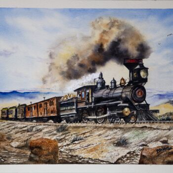 Painting titled "Old Steam Engine Tr…" by Paula Bridges, Original Artwork, Watercolor Mounted on Other rigid panel