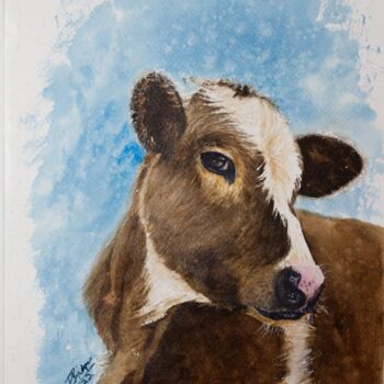 Pittura intitolato "Sweet Brown Cow in…" da Paula Bridges, Opera d'arte originale, Acquarello Montato su Altro pannello rigi…