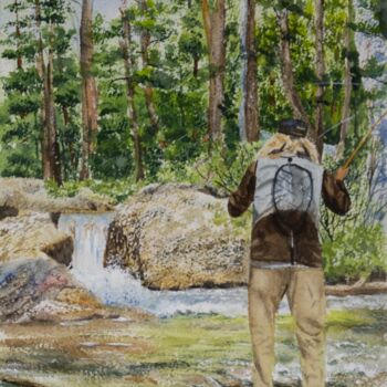 Painting titled "Fly Fishing in the…" by Paula Bridges, Original Artwork, Watercolor Mounted on Other rigid panel