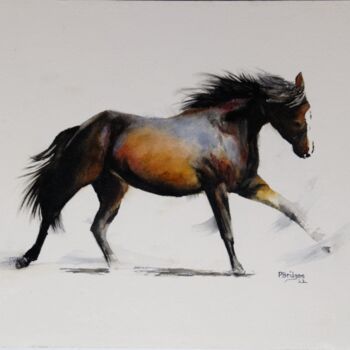 Painting titled "Horse in Motion in…" by Paula Bridges, Original Artwork, Watercolor Mounted on Other rigid panel