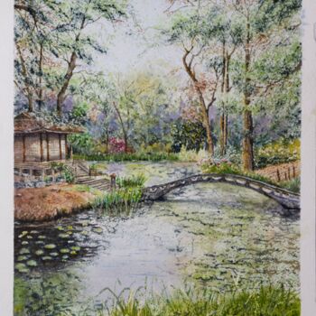 Painting titled "Japanese Garden Tea…" by Paula Bridges, Original Artwork, Watercolor Mounted on Other rigid panel